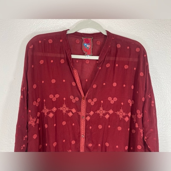 Johnny Was Maroon Embroidered Sheer Button Down Tunic Top Women’s Small - Picture 2 of 16